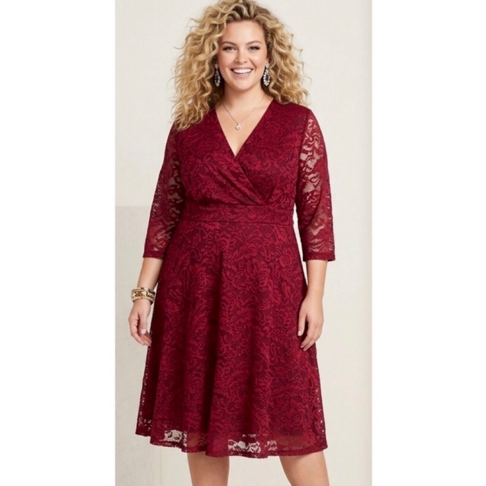 24W 3X PLUS SIZE Burgundy Lace Floral Midi Cocktail Party Wedding Guest Dress